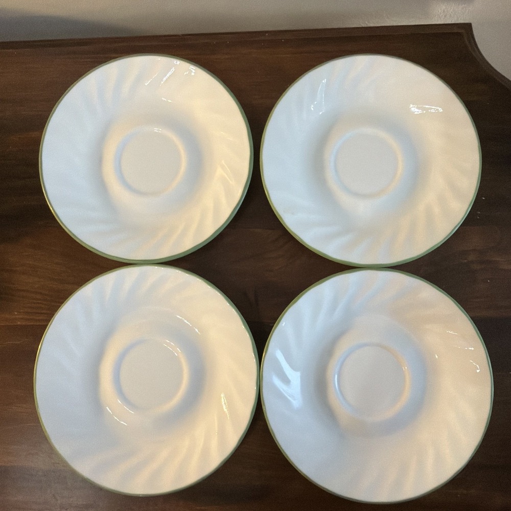 Corelle Chutney Set Of 4 Saucers White Swirl Rim w Green Rim Corning